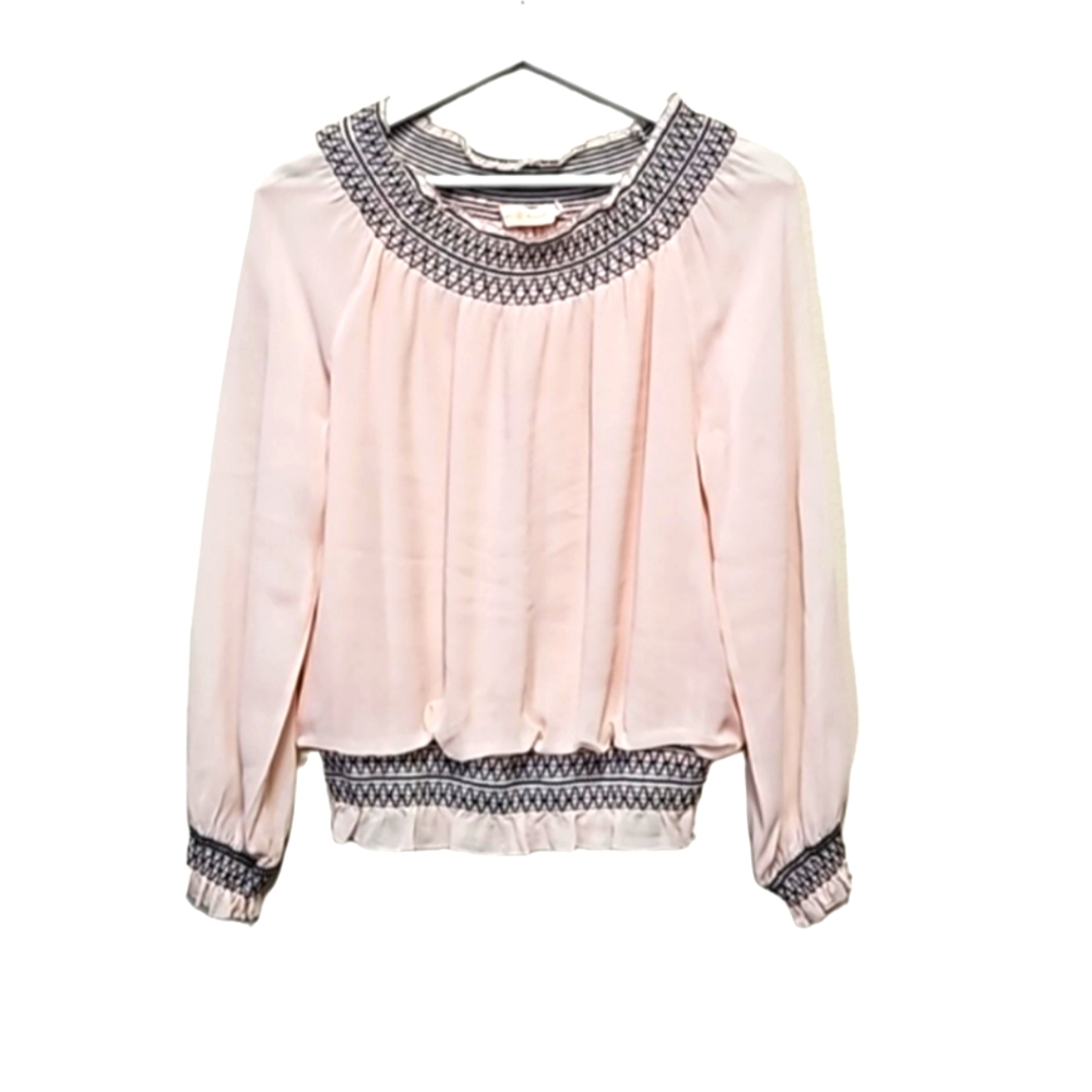 Tory Burch petal  pink sheer smocked longsleeves silk blouse women's size 6